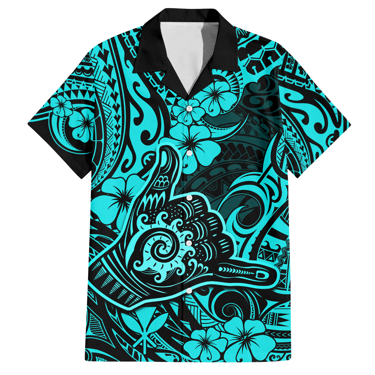 Hawaii Shaka Sign Family Matching Off Shoulder Maxi Dress and Hawaiian Shirt Polynesian Pattern Turquoise Version LT01 Dad's Shirt - Short Sleeve Turquoise - Polynesian Pride