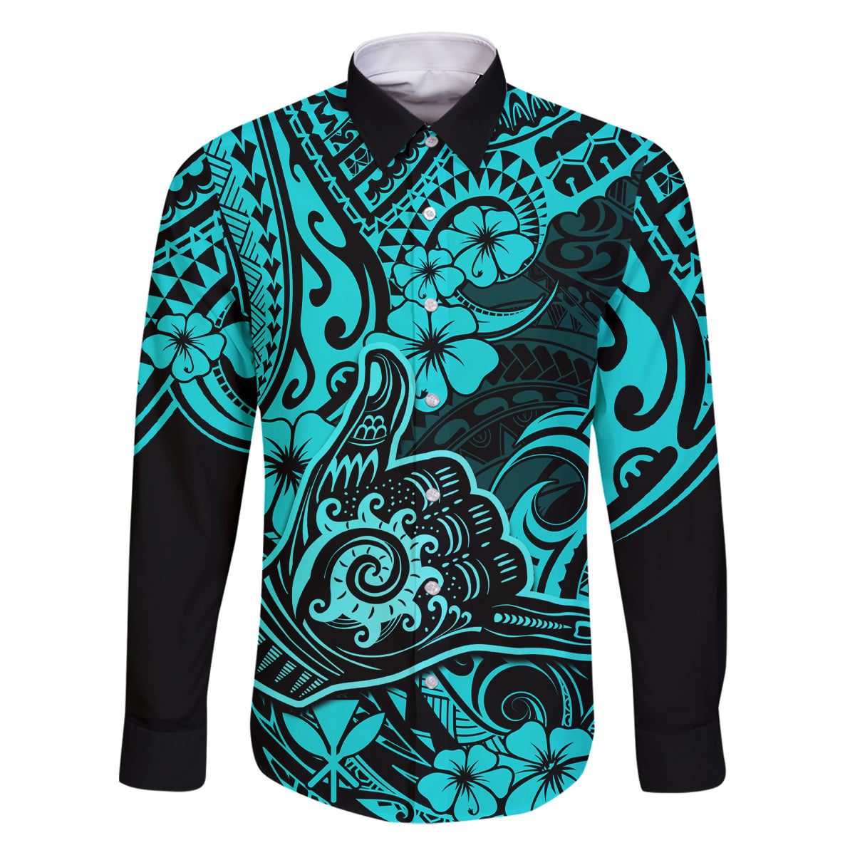 Hawaii Shaka Sign Family Matching Summer Maxi Dress and Hawaiian Shirt Polynesian Pattern Turquoise Version LT01 Dad's Shirt - Long Sleeve Turquoise - Polynesian Pride