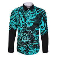 Hawaii Shaka Sign Family Matching Summer Maxi Dress and Hawaiian Shirt Polynesian Pattern Turquoise Version LT01 Dad's Shirt - Long Sleeve Turquoise - Polynesian Pride