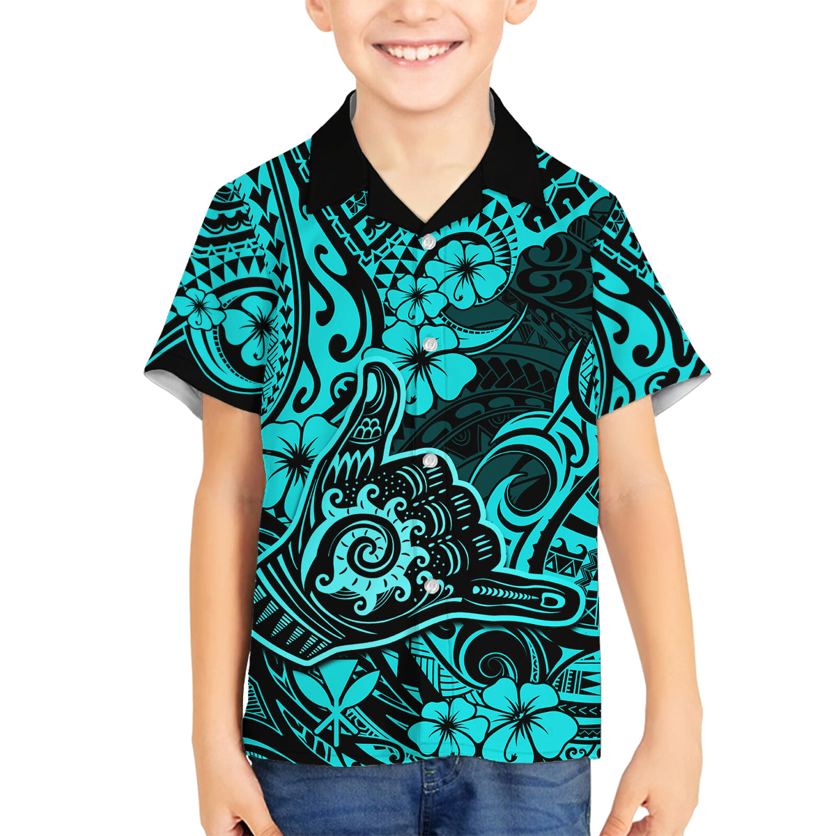 Hawaii Shaka Sign Family Matching Summer Maxi Dress and Hawaiian Shirt Polynesian Pattern Turquoise Version LT01 Son's Shirt Turquoise - Polynesian Pride