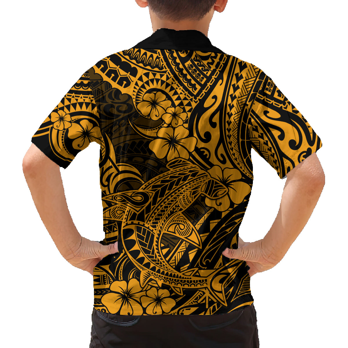 Hawaii Shark Family Matching Off Shoulder Maxi Dress and Hawaiian Shirt Polynesian Pattern Gold Version LT01 - Polynesian Pride