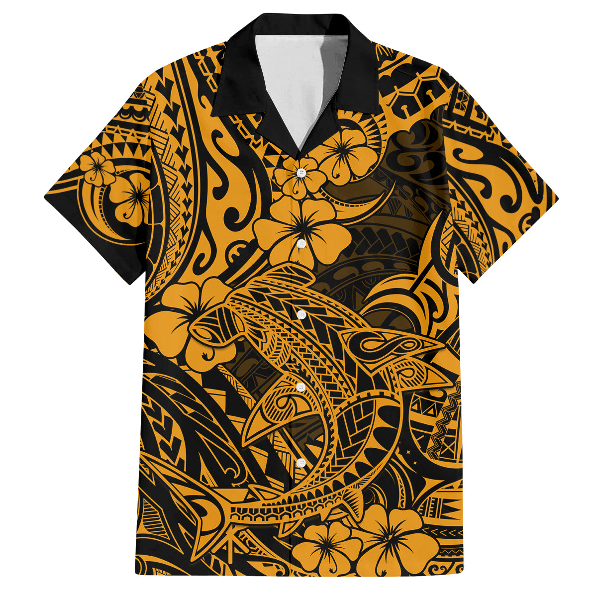 Hawaii Shark Family Matching Off Shoulder Short Dress and Hawaiian Shirt Polynesian Pattern Gold Version LT01 Dad's Shirt - Short Sleeve Gold - Polynesian Pride