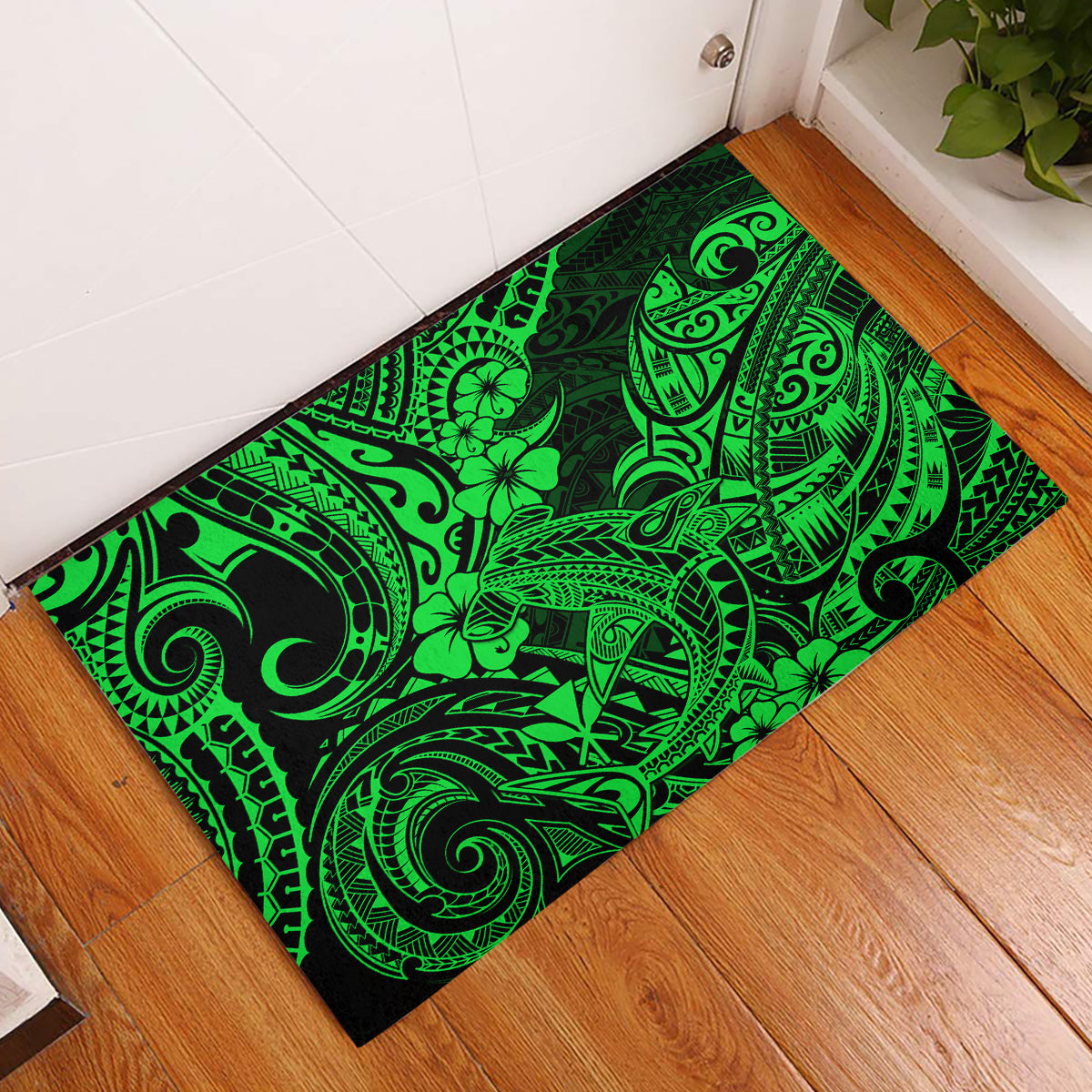 Hawaii Shark Rubber Doormat Polynesian Pattern Green Version LT01 Green - Polynesian Pride