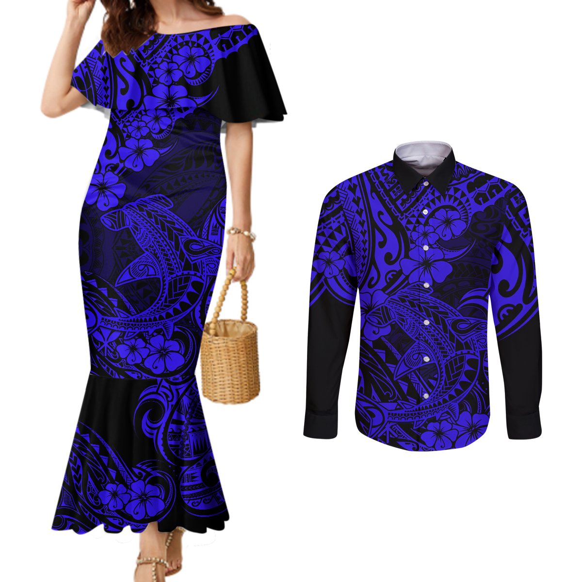 Hawaii Shark Couples Matching Mermaid Dress and Long Sleeve Button Shirts Polynesian Pattern Navy Blue Version LT01 Blue - Polynesian Pride