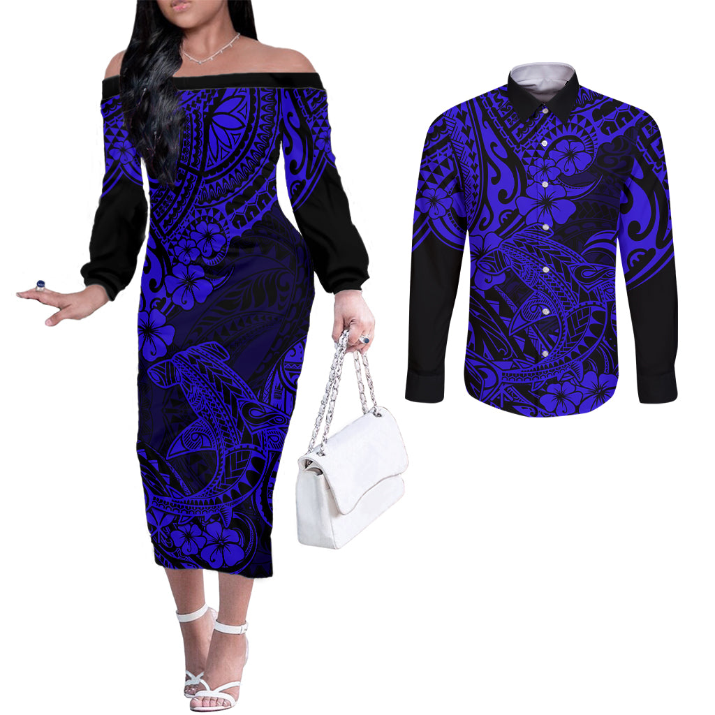 Hawaii Shark Couples Matching Off The Shoulder Long Sleeve Dress and Long Sleeve Button Shirts Polynesian Pattern Navy Blue Version LT01 Blue - Polynesian Pride