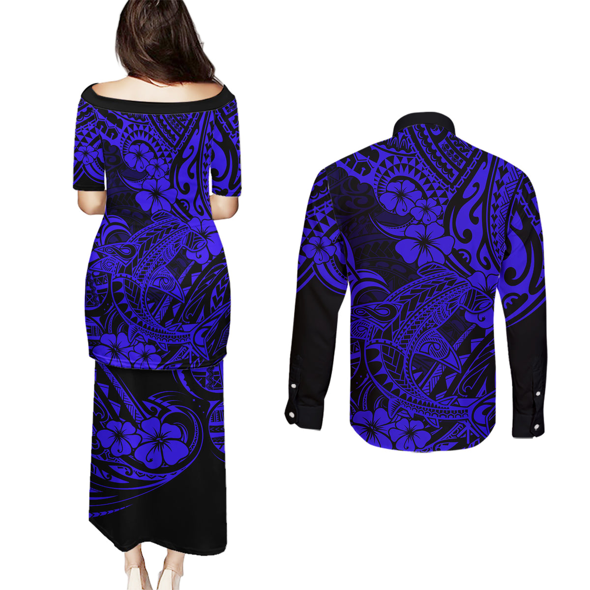 Hawaii Shark Couples Matching Puletasi Dress and Long Sleeve Button Shirts Polynesian Pattern Navy Blue Version LT01 - Polynesian Pride