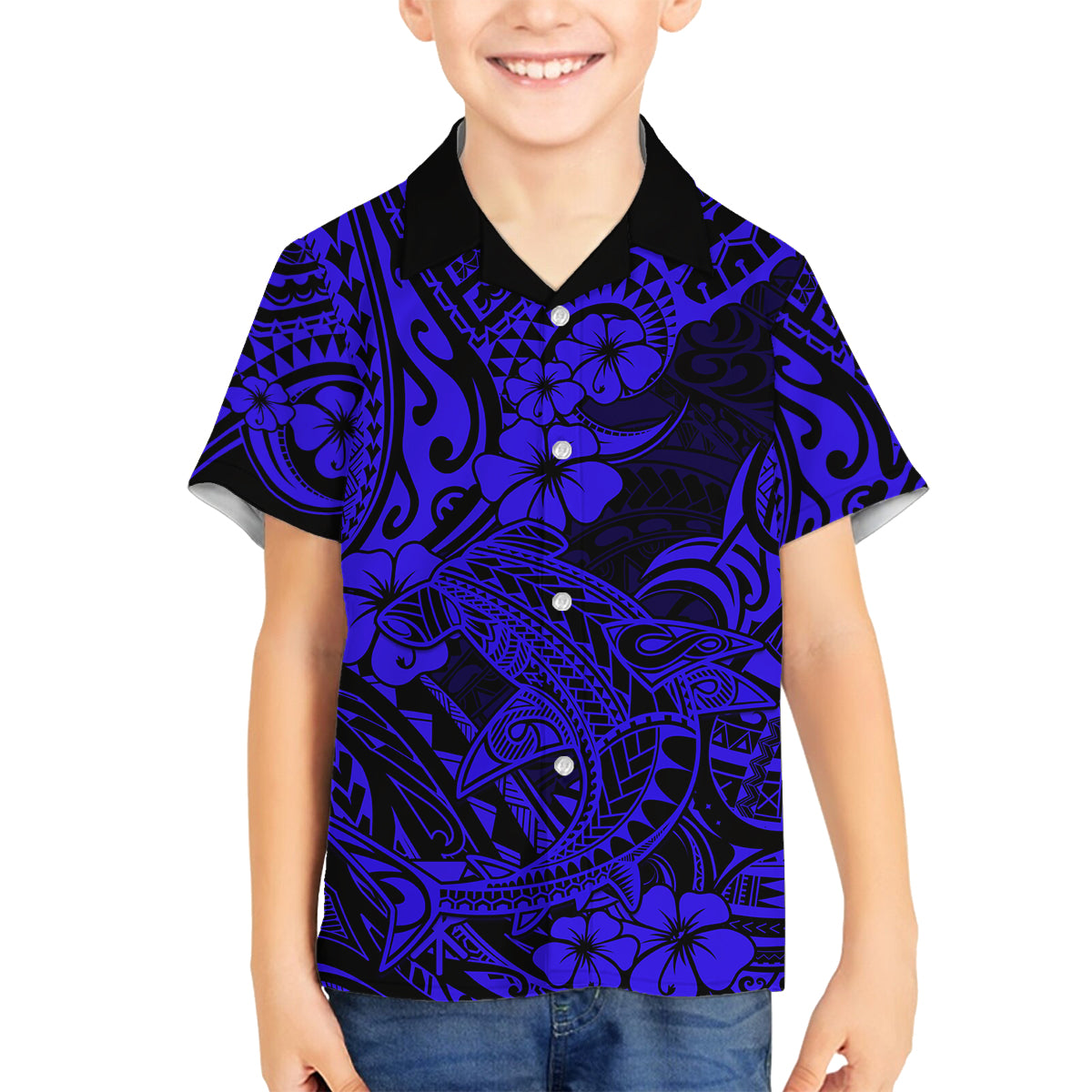 Hawaii Shark Family Matching Off Shoulder Long Sleeve Dress and Hawaiian Shirt Polynesian Pattern Navy Blue Version LT01 Son's Shirt Blue - Polynesian Pride