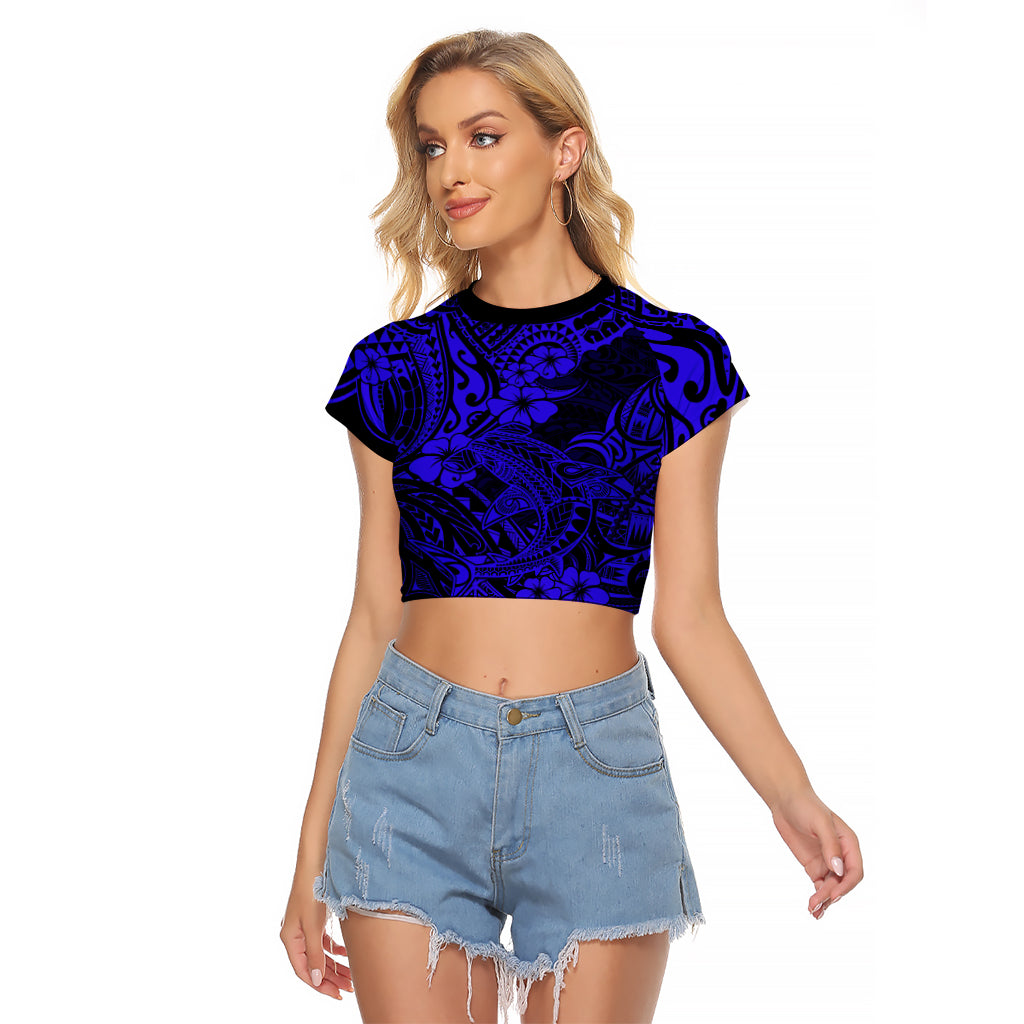 Hawaii Shark Raglan Cropped T Shirt Polynesian Pattern Navy Blue Version LT01 Female Blue - Polynesian Pride