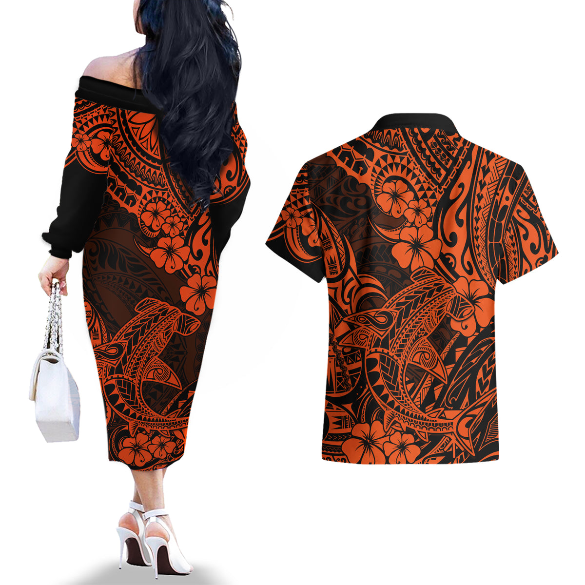 Hawaii Shark Couples Matching Off The Shoulder Long Sleeve Dress and Hawaiian Shirt Polynesian Pattern Orange Version LT01 - Polynesian Pride