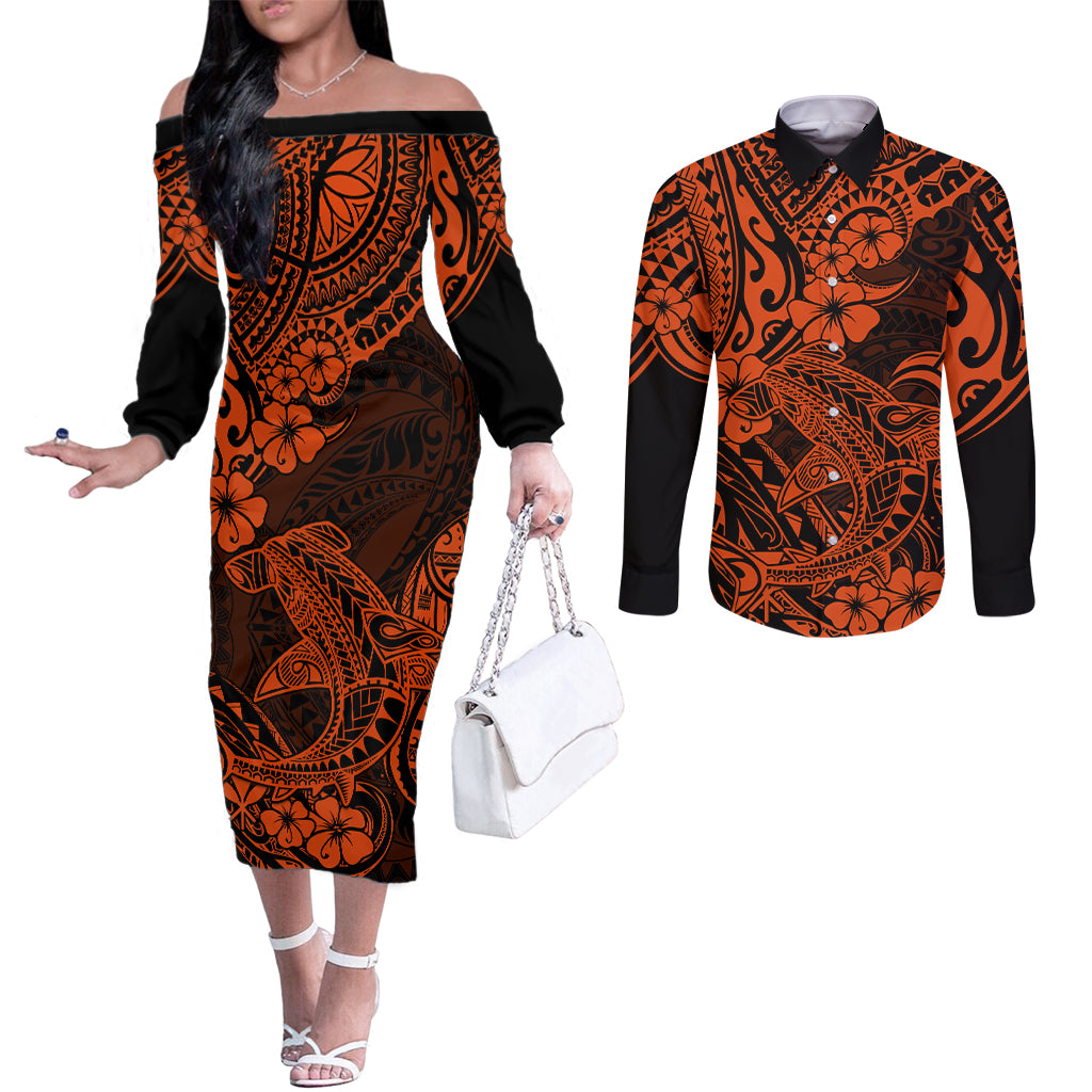 Hawaii Shark Couples Matching Off The Shoulder Long Sleeve Dress and Long Sleeve Button Shirts Polynesian Pattern Orange Version LT01 Orange - Polynesian Pride