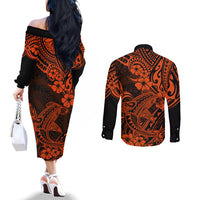 Hawaii Shark Couples Matching Off The Shoulder Long Sleeve Dress and Long Sleeve Button Shirts Polynesian Pattern Orange Version LT01 - Polynesian Pride