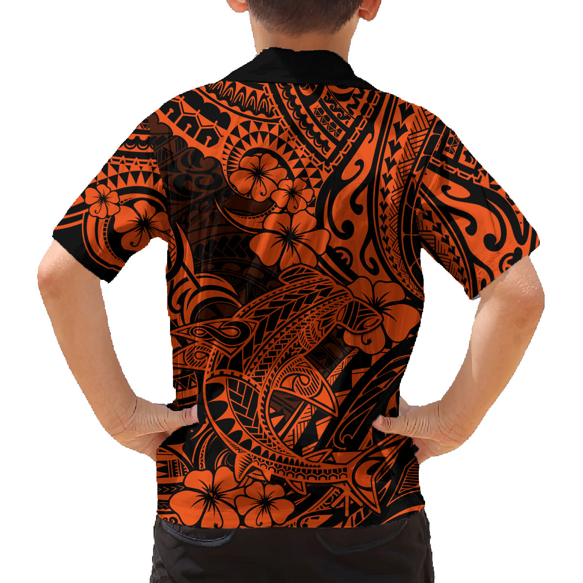 Hawaii Shark Family Matching Off Shoulder Maxi Dress and Hawaiian Shirt Polynesian Pattern Orange Version LT01 - Polynesian Pride