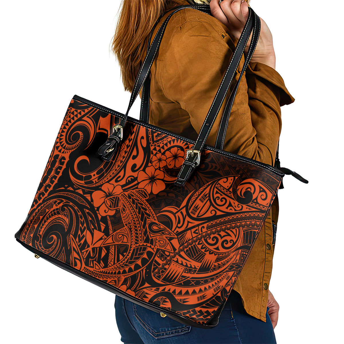 Hawaii Shark Leather Tote Bag Polynesian Pattern Orange Version LT01 - Polynesian Pride