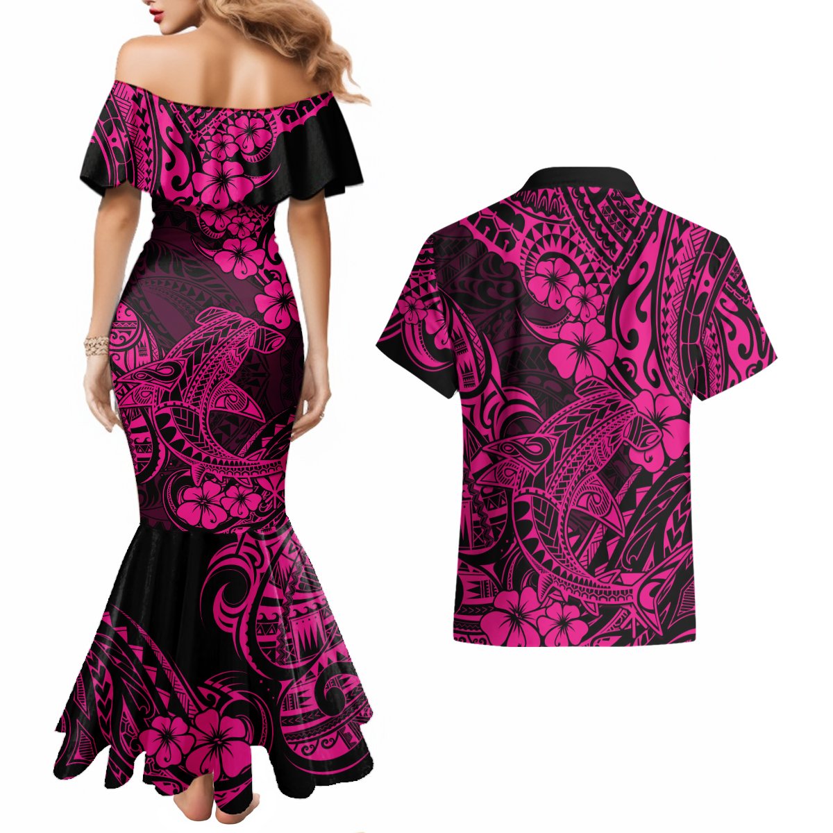 Hawaii Shark Couples Matching Mermaid Dress and Hawaiian Shirt Polynesian Pattern Pink Version LT01 - Polynesian Pride