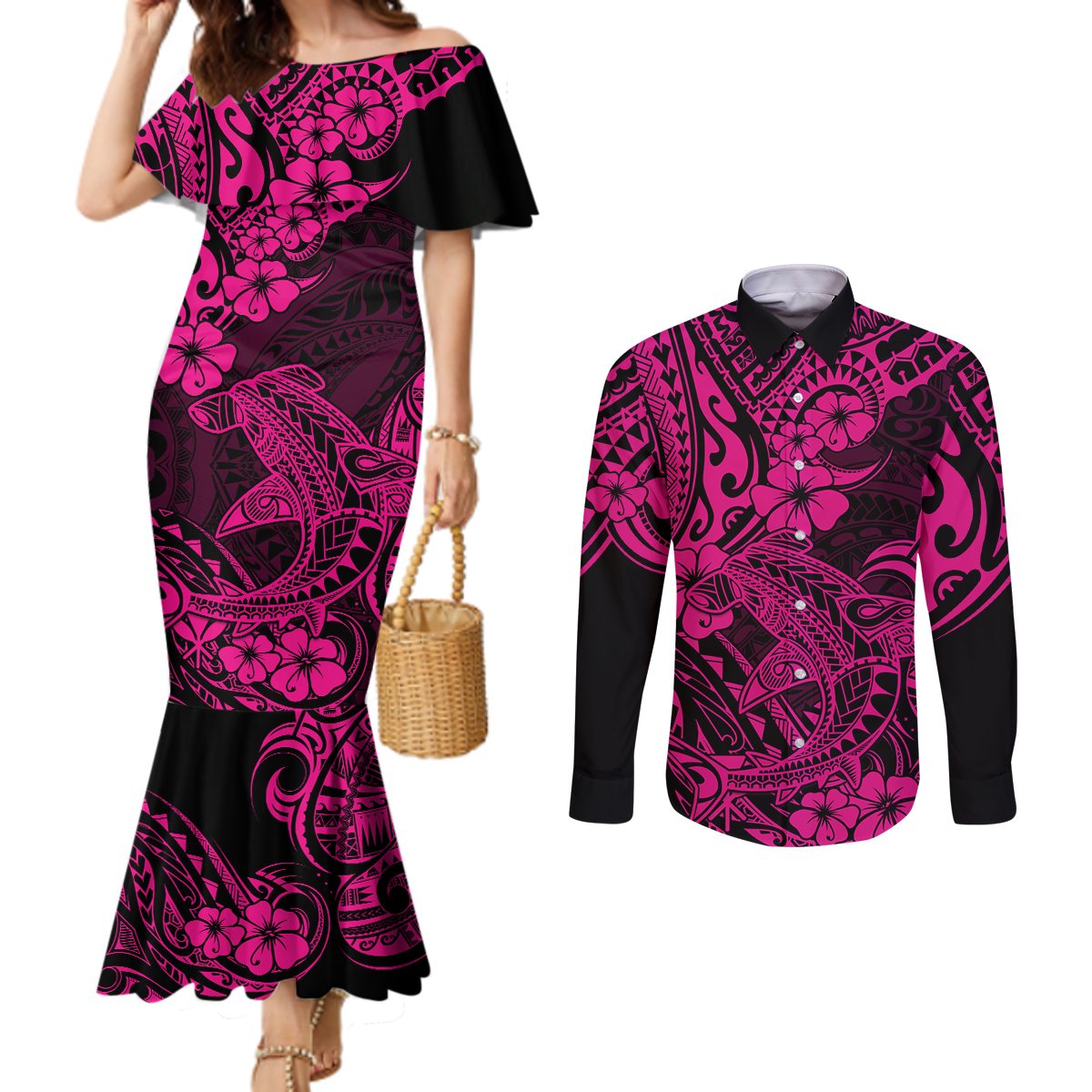 Hawaii Shark Couples Matching Mermaid Dress and Long Sleeve Button Shirts Polynesian Pattern Pink Version LT01 Pink - Polynesian Pride