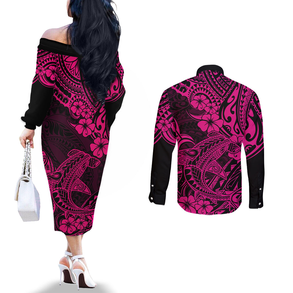 Hawaii Shark Couples Matching Off The Shoulder Long Sleeve Dress and Long Sleeve Button Shirts Polynesian Pattern Pink Version LT01 - Polynesian Pride