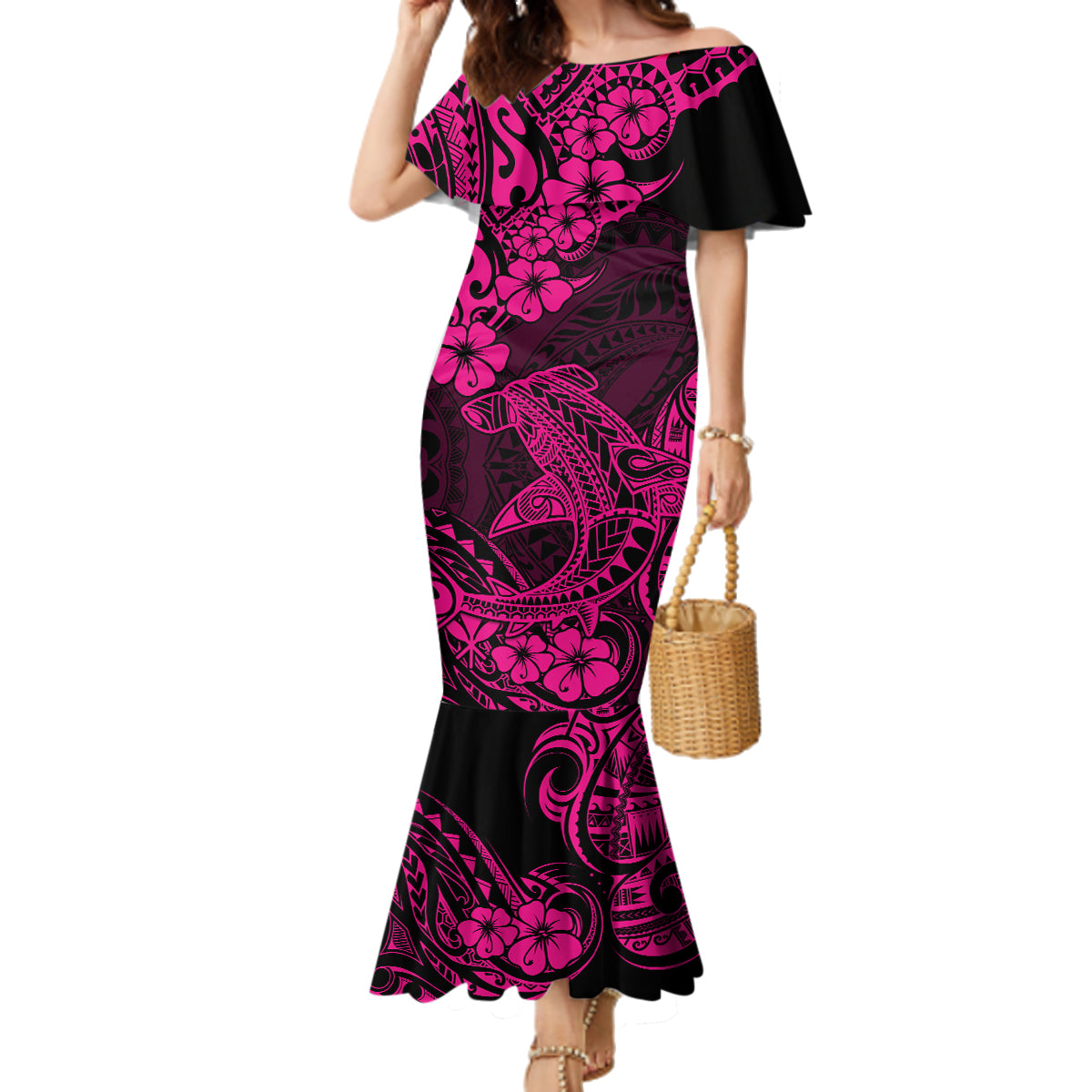 Hawaii Shark Family Matching Mermaid Dress and Hawaiian Shirt Polynesian Pattern Pink Version LT01 Mom's Dress Pink - Polynesian Pride