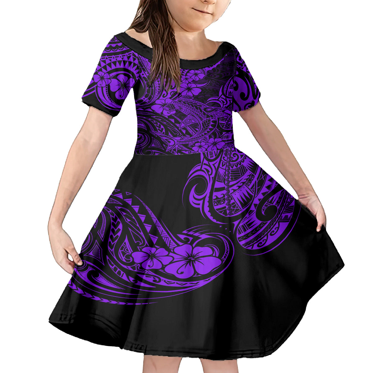 Hawaii Shark Kid Short Sleeve Dress Polynesian Pattern Purple Version LT01 KID Purple - Polynesian Pride