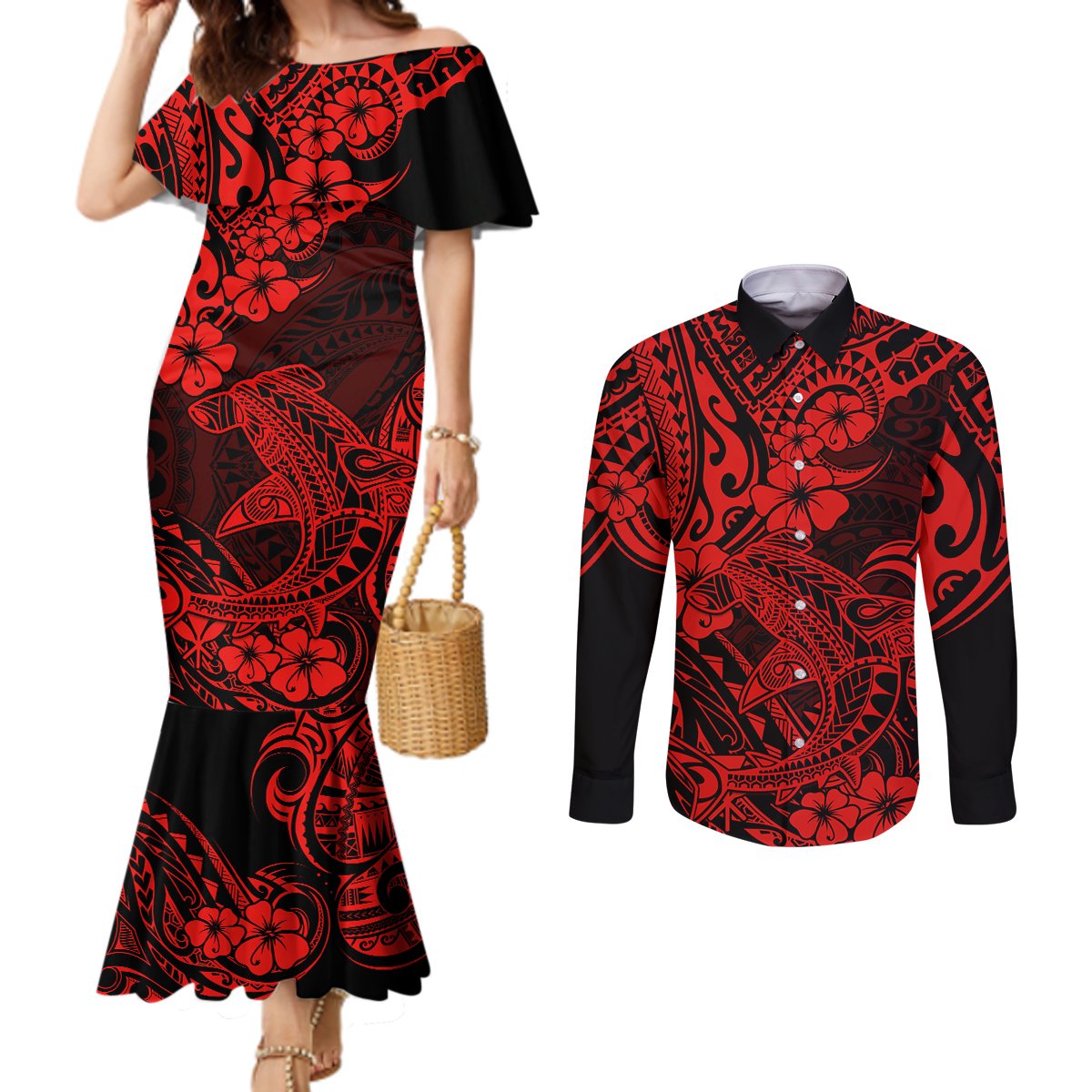 Hawaii Shark Couples Matching Mermaid Dress and Long Sleeve Button Shirts Polynesian Pattern Red Version LT01 Red - Polynesian Pride