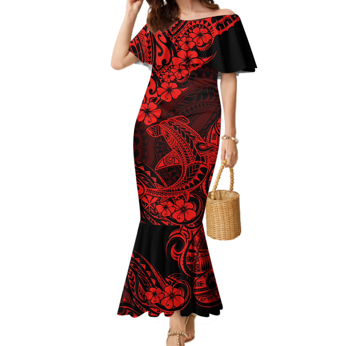 Hawaii Shark Family Matching Mermaid Dress and Hawaiian Shirt Polynesian Pattern Red Version LT01 Mom's Dress Red - Polynesian Pride