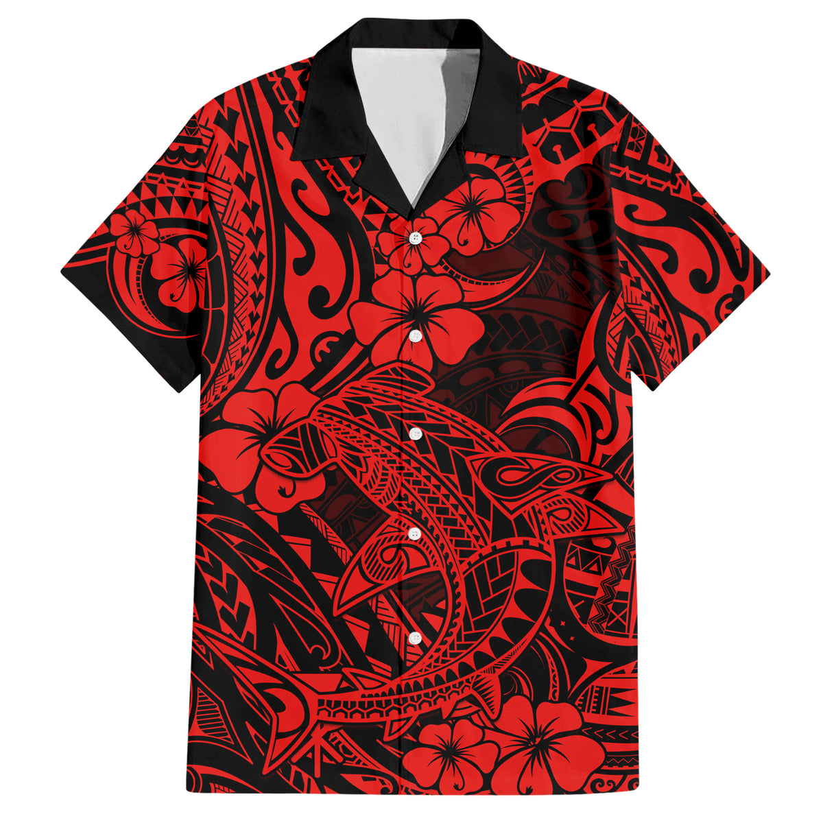 Hawaii Shark Family Matching Short Sleeve Bodycon Dress and Hawaiian Shirt Polynesian Pattern Red Version LT01 Dad's Shirt - Short Sleeve Red - Polynesian Pride