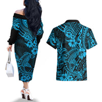 Hawaii Shark Couples Matching Off The Shoulder Long Sleeve Dress and Hawaiian Shirt Polynesian Pattern Sky Blue Version LT01 - Polynesian Pride