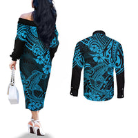 Hawaii Shark Couples Matching Off The Shoulder Long Sleeve Dress and Long Sleeve Button Shirts Polynesian Pattern Sky Blue Version LT01 - Polynesian Pride
