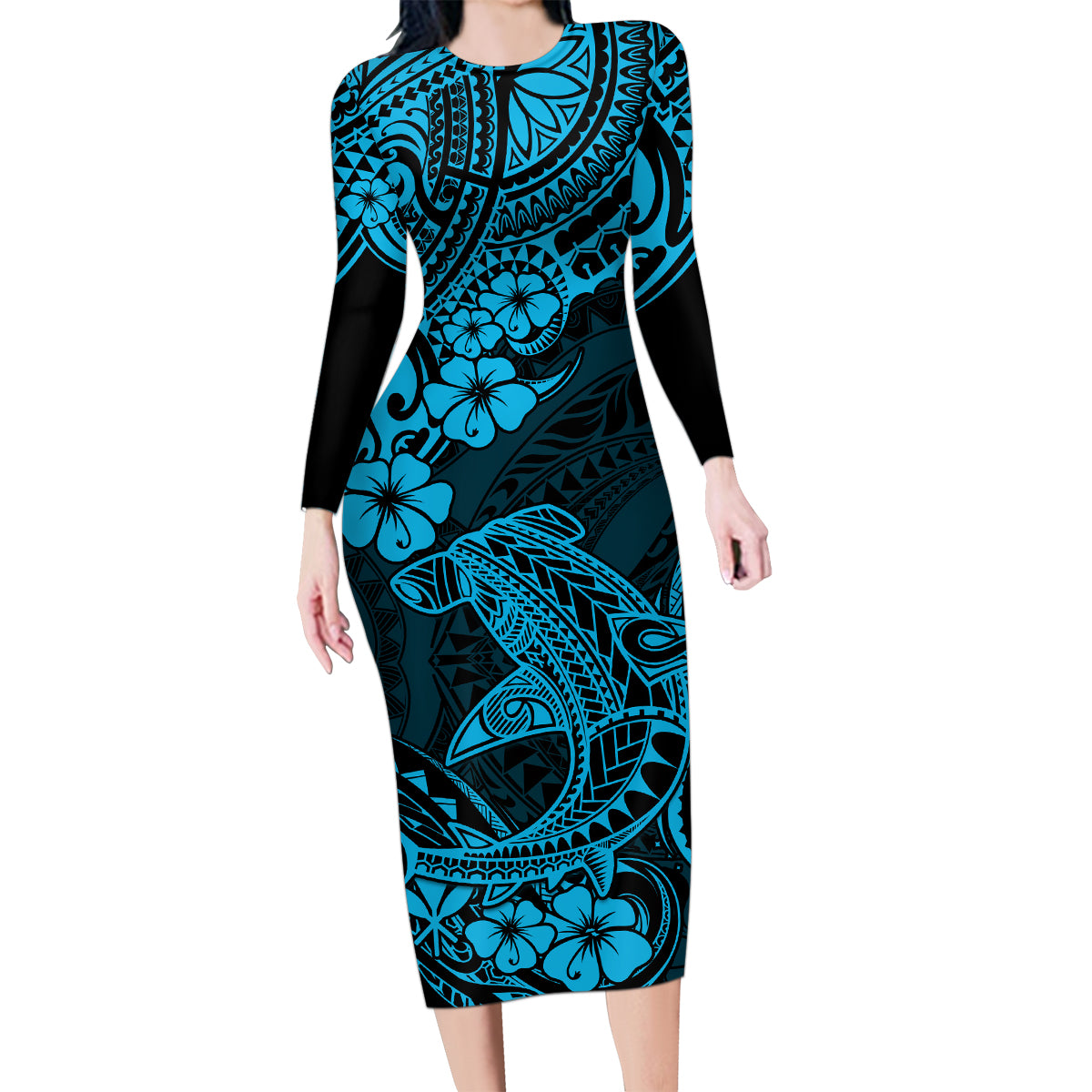 Hawaii Shark Family Matching Long Sleeve Bodycon Dress and Hawaiian Shirt Polynesian Pattern Sky Blue Version LT01 Mom's Dress Blue - Polynesian Pride