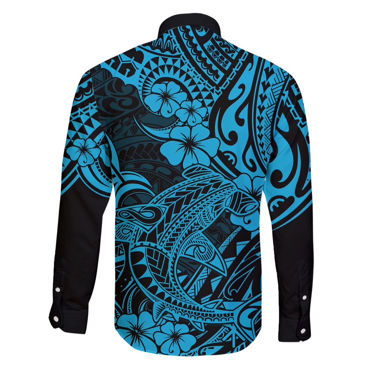 Hawaii Shark Family Matching Off Shoulder Short Dress and Hawaiian Shirt Polynesian Pattern Sky Blue Version LT01 - Polynesian Pride