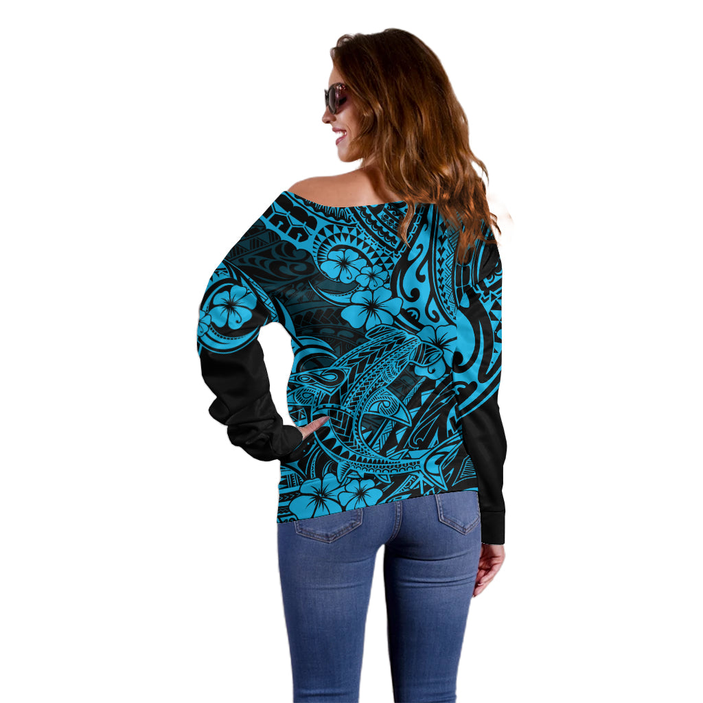 Hawaii Shark Off Shoulder Sweater Polynesian Pattern Sky Blue Version LT01 - Polynesian Pride