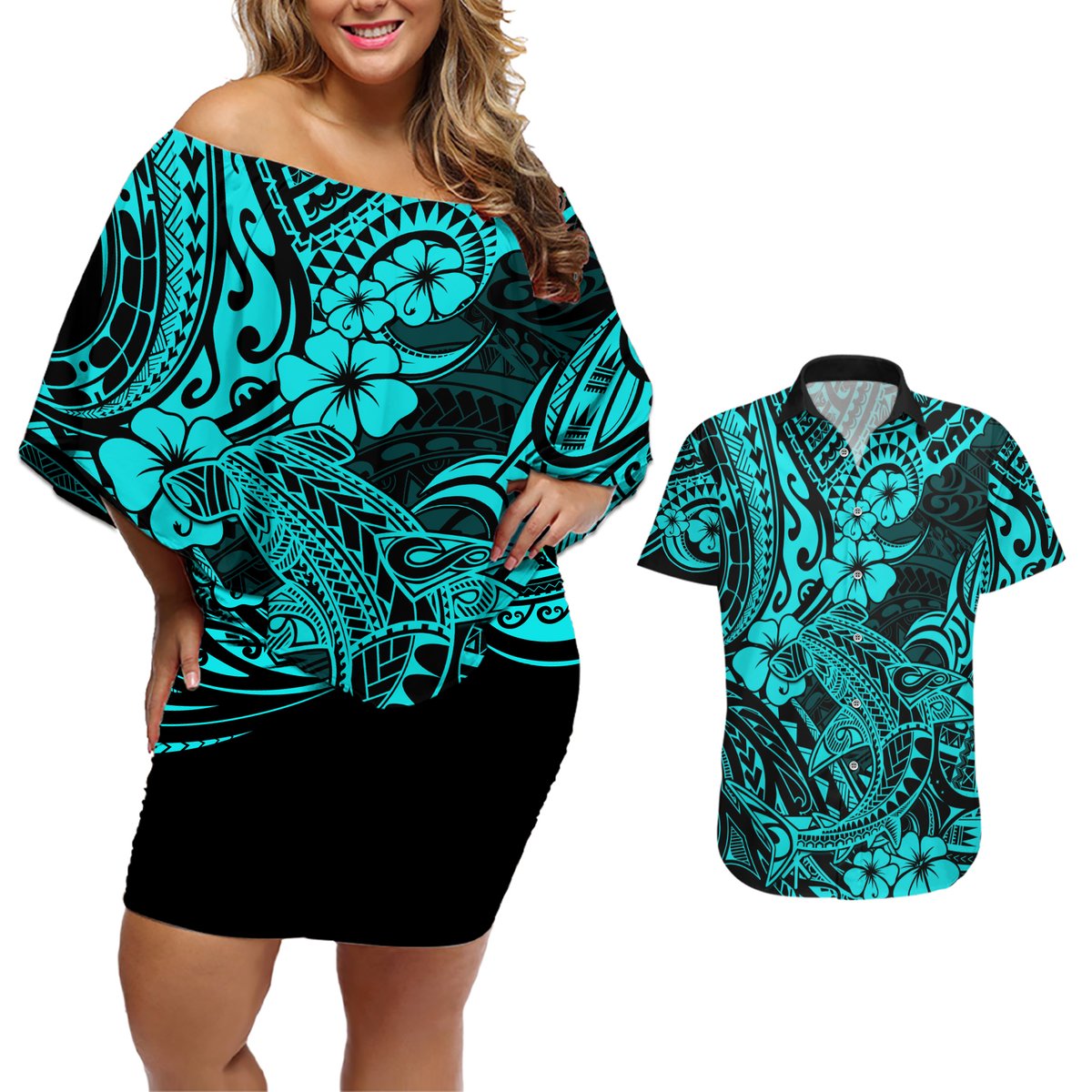 Hawaii Shark Couples Matching Off Shoulder Short Dress and Hawaiian Shirt Polynesian Pattern Turquoise Version LT01 Turquoise - Polynesian Pride