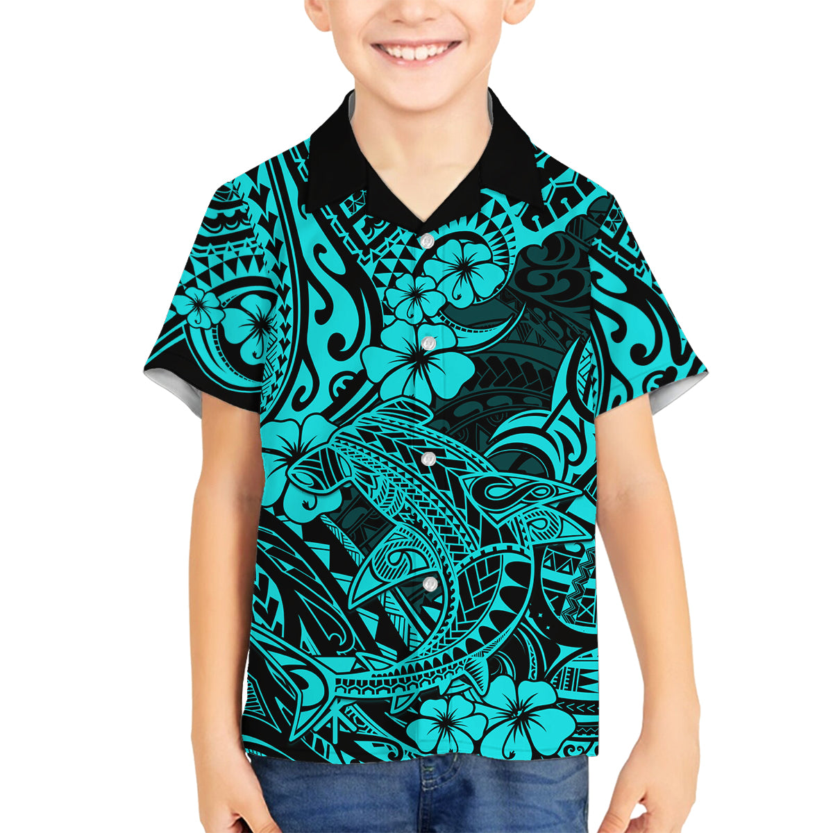 Hawaii Shark Family Matching Off Shoulder Short Dress and Hawaiian Shirt Polynesian Pattern Turquoise Version LT01 Son's Shirt Turquoise - Polynesian Pride