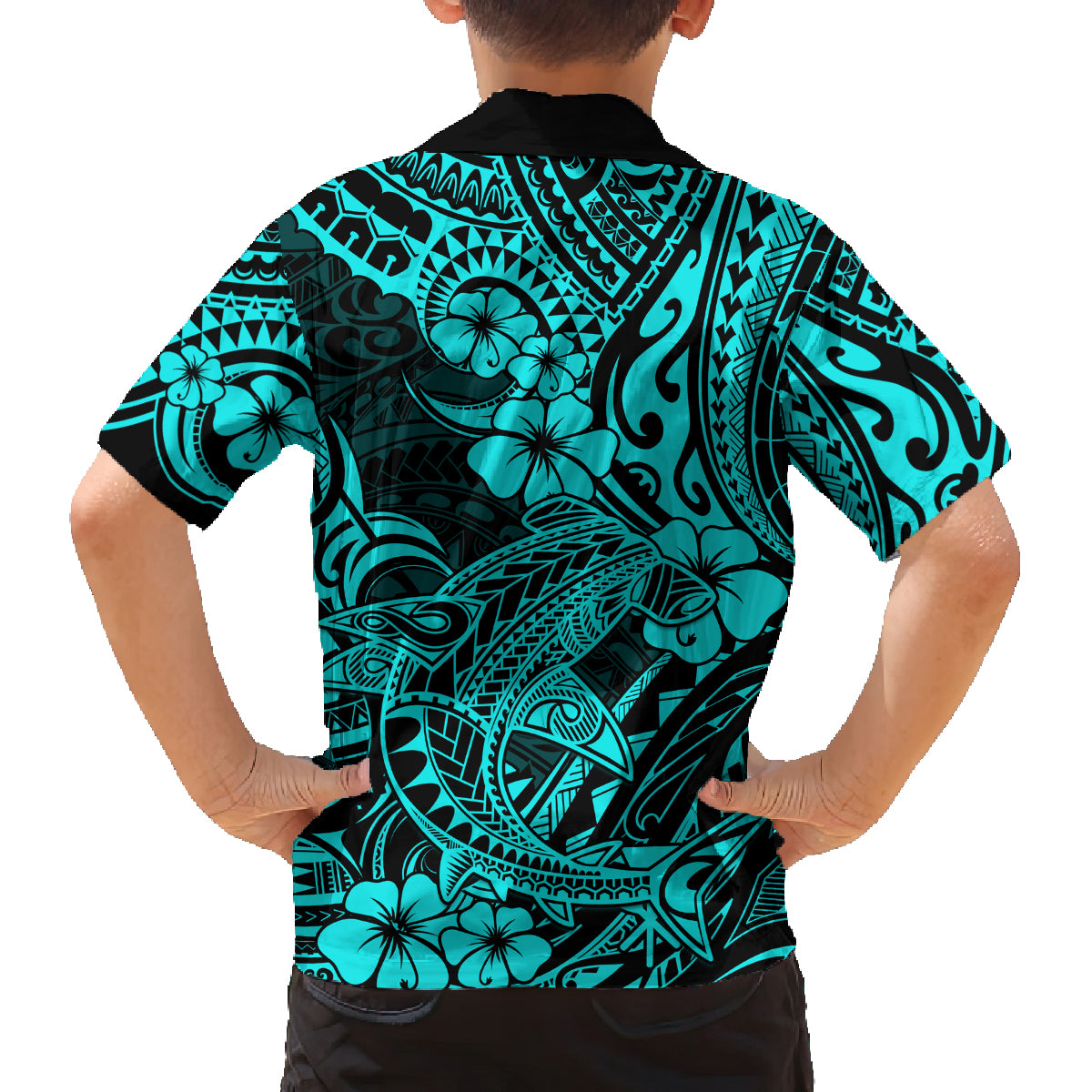 Hawaii Shark Family Matching Puletasi Dress and Hawaiian Shirt Polynesian Pattern Turquoise Version LT01 - Polynesian Pride