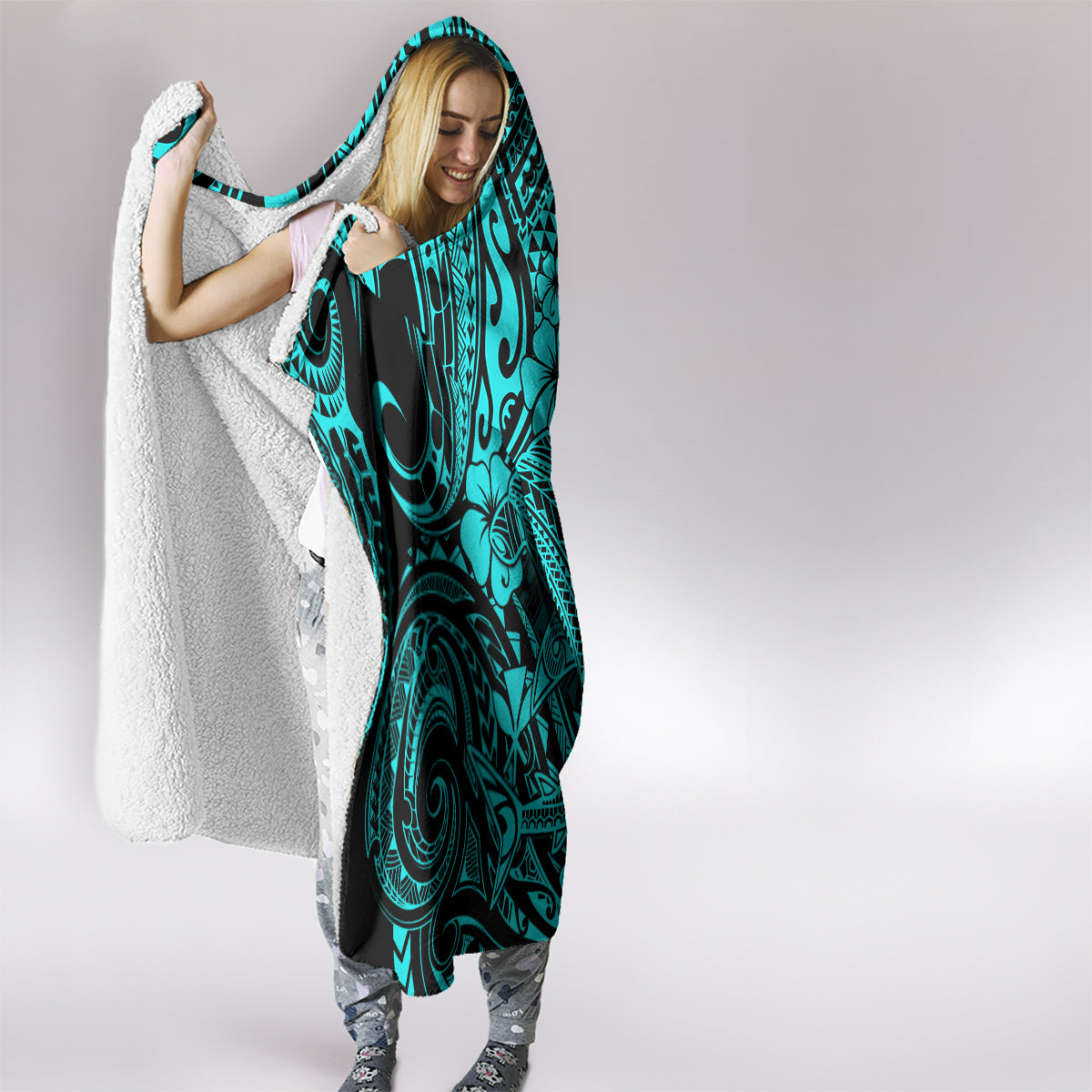 Hawaii Shark Hooded Blanket Polynesian Pattern Turquoise Version LT01 - Polynesian Pride