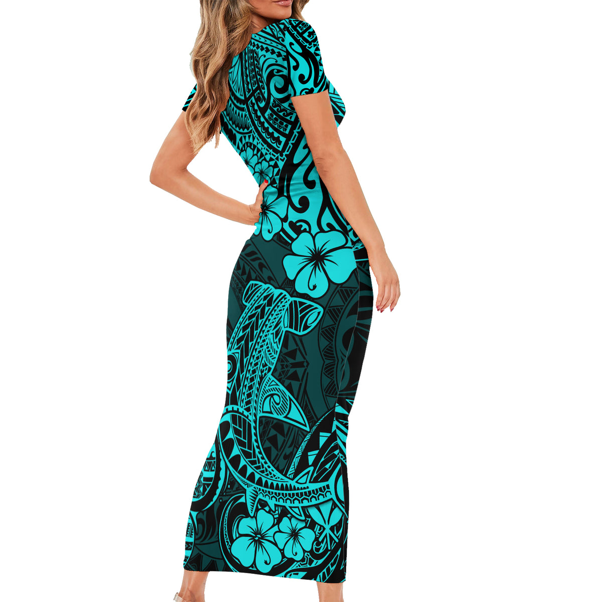 Hawaii Shark Short Sleeve Bodycon Dress Polynesian Pattern Turquoise Version LT01 - Polynesian Pride