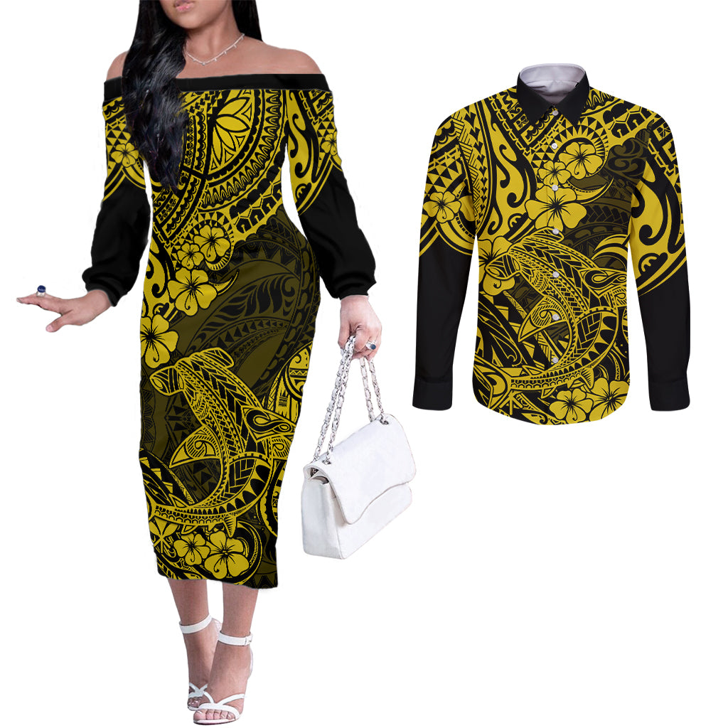 Hawaii Shark Couples Matching Off The Shoulder Long Sleeve Dress and Long Sleeve Button Shirts Polynesian Pattern Yellow Version LT01 Yellow - Polynesian Pride
