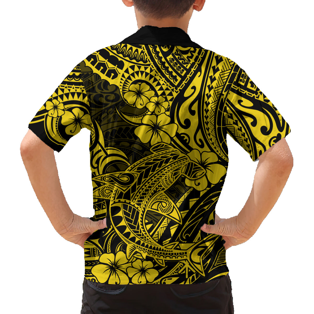 Hawaii Shark Family Matching Off Shoulder Short Dress and Hawaiian Shirt Polynesian Pattern Yellow Version LT01 - Polynesian Pride