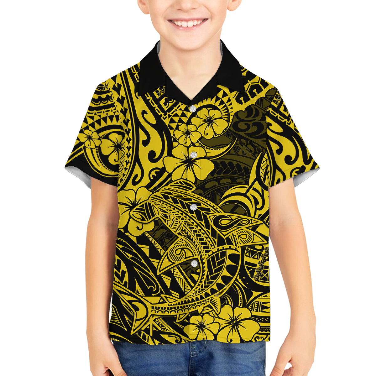 Hawaii Shark Family Matching Off Shoulder Short Dress and Hawaiian Shirt Polynesian Pattern Yellow Version LT01 Son's Shirt Yellow - Polynesian Pride