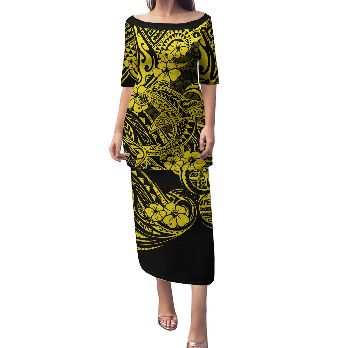 Hawaii Shark Family Matching Puletasi Dress and Hawaiian Shirt Polynesian Pattern Yellow Version LT01 Mom's Dress Yellow - Polynesian Pride
