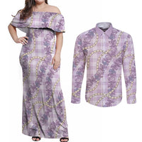 Pua Kalaunu Lei Couples Matching Off Shoulder Maxi Dress and Long Sleeve Button Shirt Palaka Pattern
