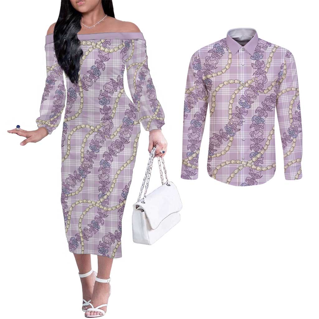 Pua Kalaunu Lei Couples Matching Off The Shoulder Long Sleeve Dress and Long Sleeve Button Shirt Palaka Pattern