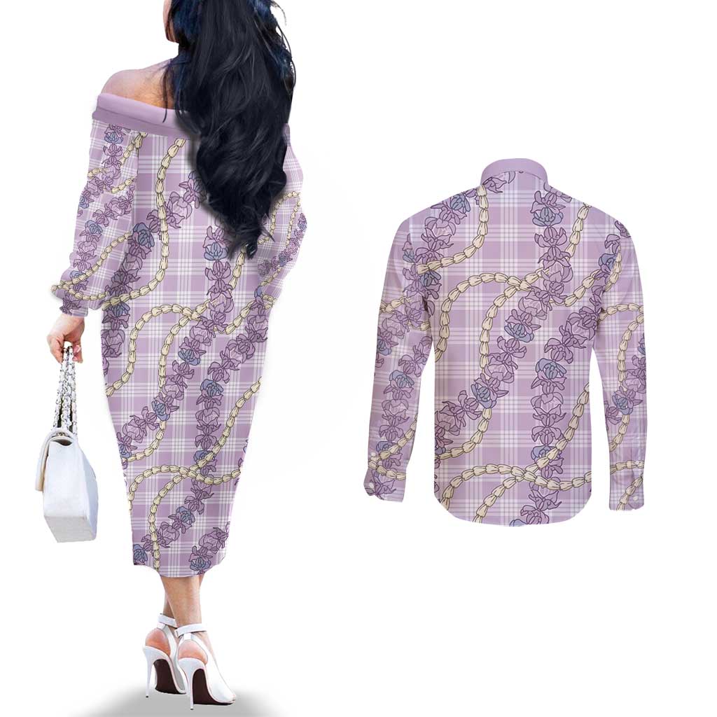 Pua Kalaunu Lei Couples Matching Off The Shoulder Long Sleeve Dress and Long Sleeve Button Shirt Palaka Pattern