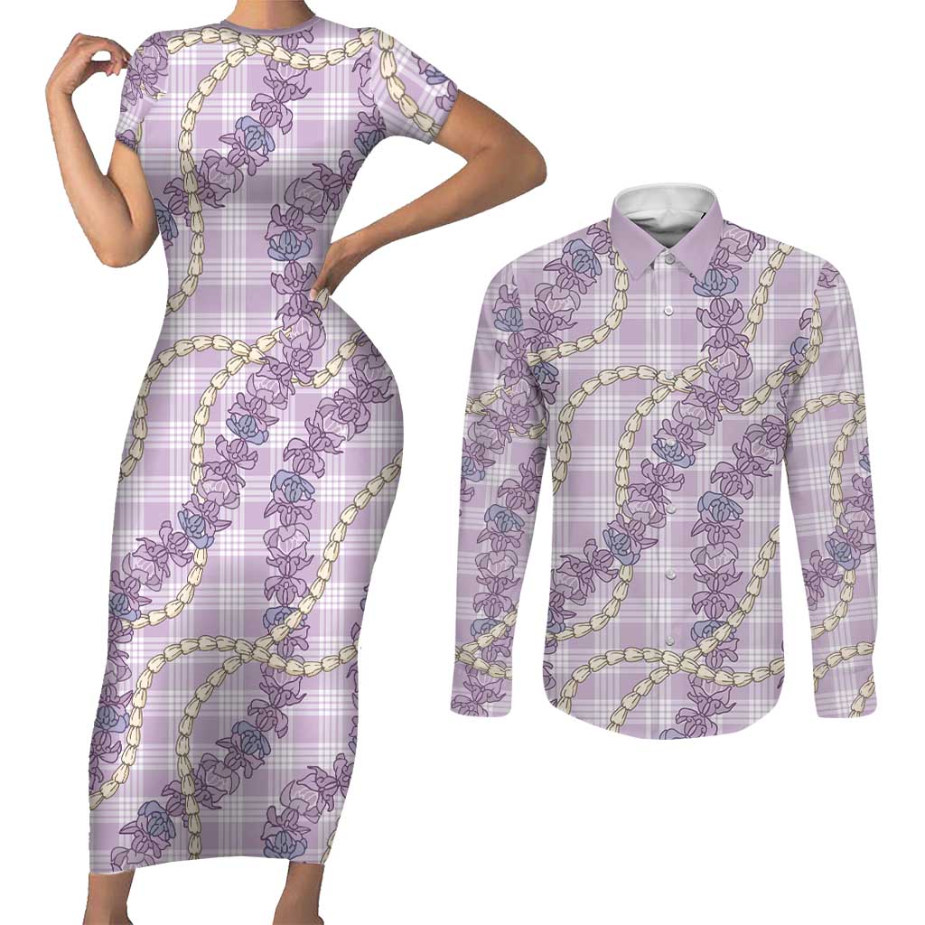 Pua Kalaunu Lei Couples Matching Short Sleeve Bodycon Dress and Long Sleeve Button Shirt Palaka Pattern