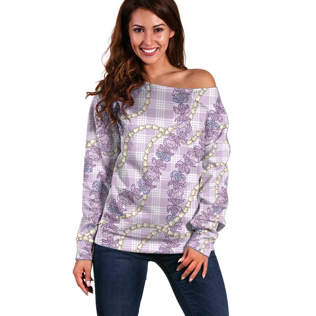 Pua Kalaunu Lei Off Shoulder Sweater Palaka Pattern