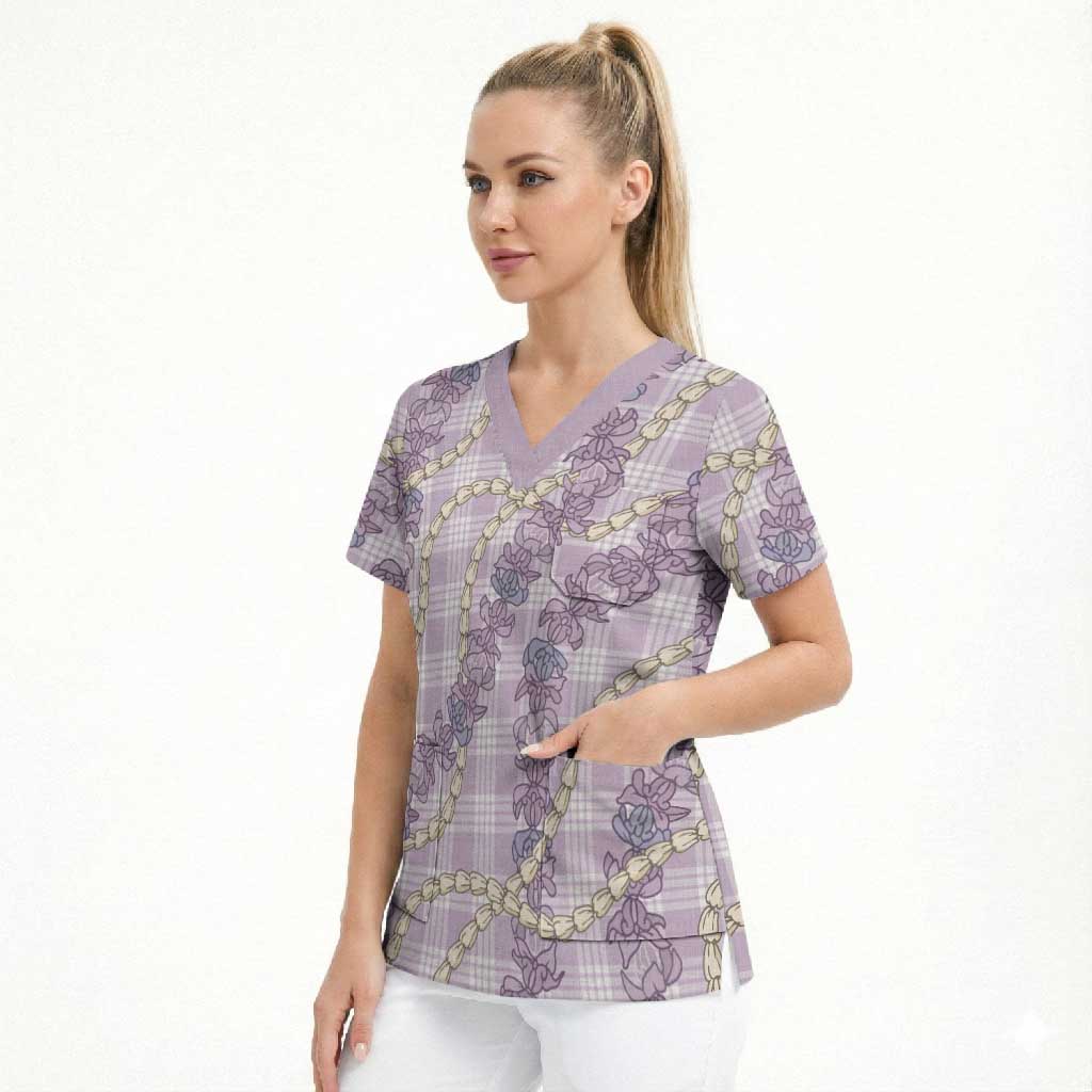 Pua Kalaunu Lei Scrub Top Palaka Pattern