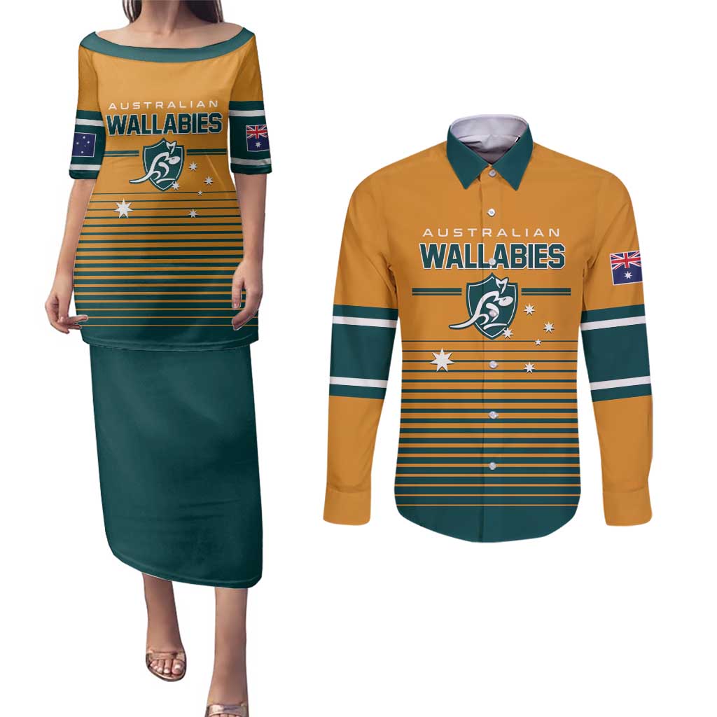 Custom Rugby Australia Couples Matching Puletasi and Long Sleeve Button Shirt Junior Wallabies Go Champions