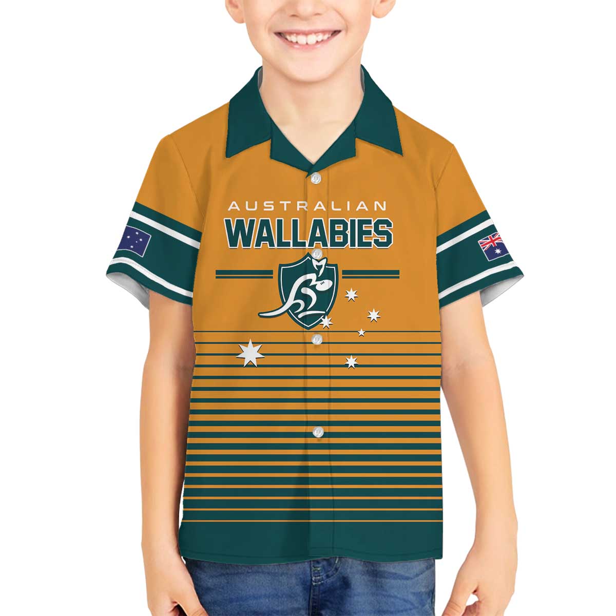 Custom Rugby Australia Family Matching Off The Shoulder Long Sleeve Dress and Hawaiian Shirt Junior Wallabies Go Champions