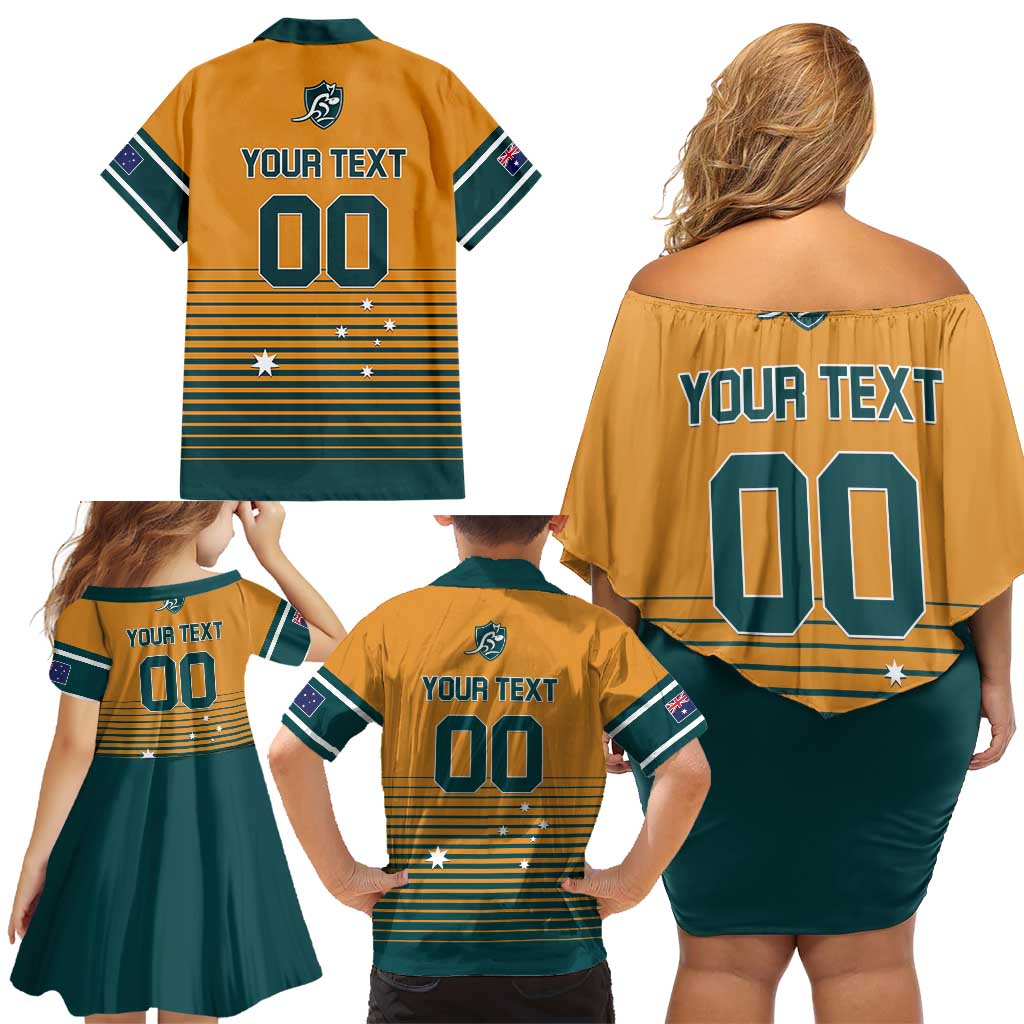 Custom Rugby Australia Family Matching Off Shoulder Short Dress and Hawaiian Shirt Junior Wallabies Go Champions