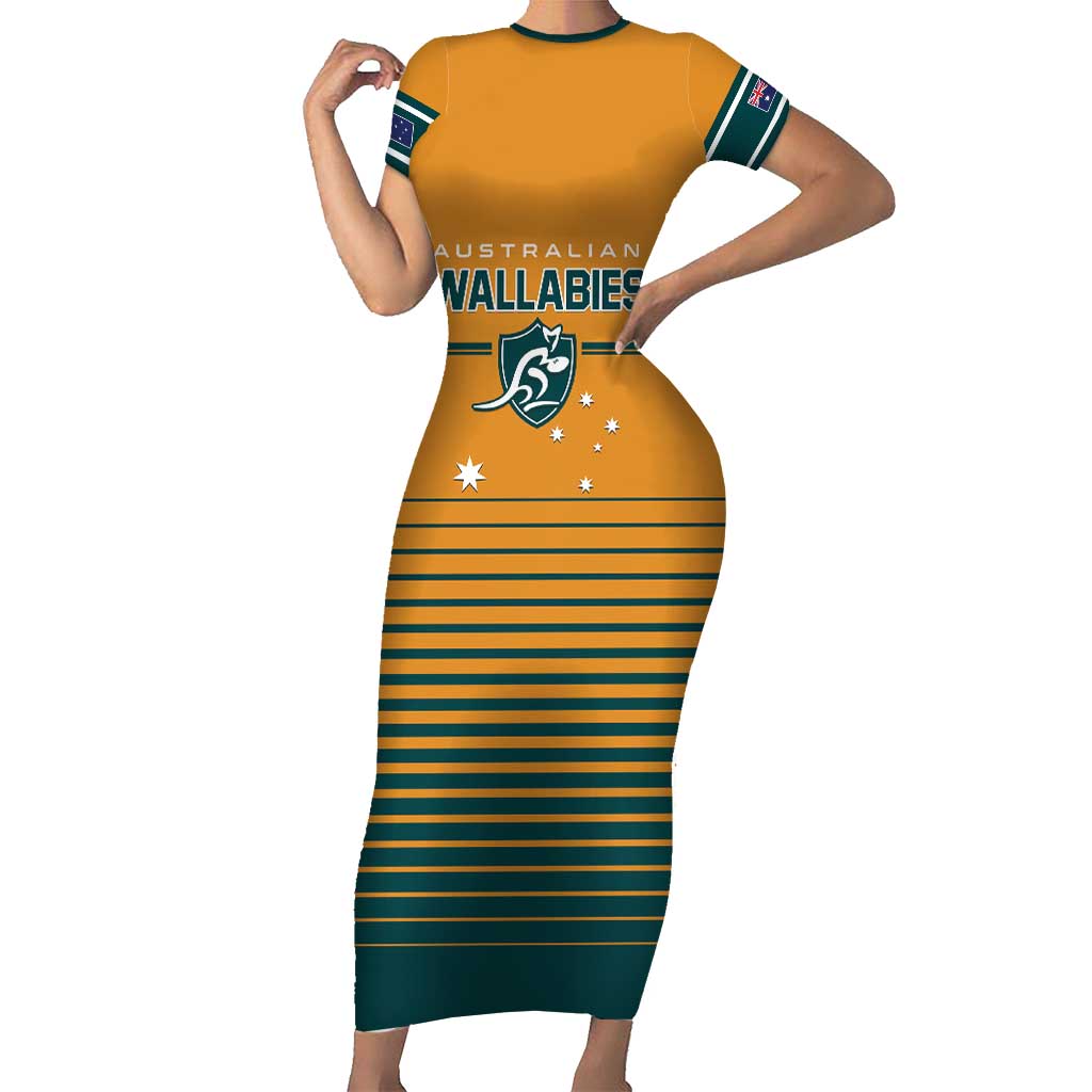 Custom Rugby Australia Family Matching Short Sleeve Bodycon Dress and Hawaiian Shirt Junior Wallabies Go Champions LT01 Mom's Dress Yellow - Polynesian Pride
