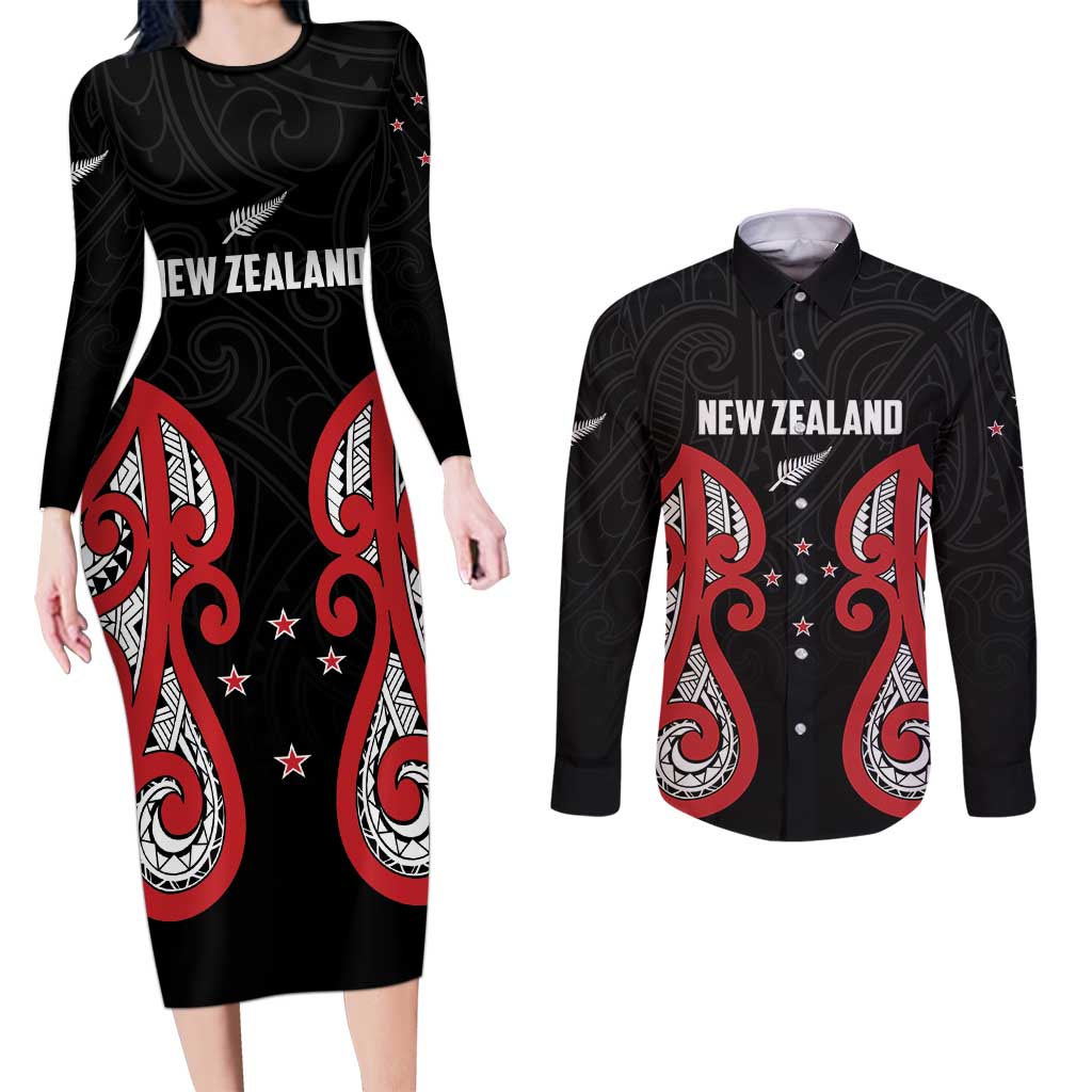 Custom Rugby New Zealand Couples Matching Long Sleeve Bodycon Dress and Long Sleeve Button Shirt Baby Black Go Champions LT01 Black - Polynesian Pride